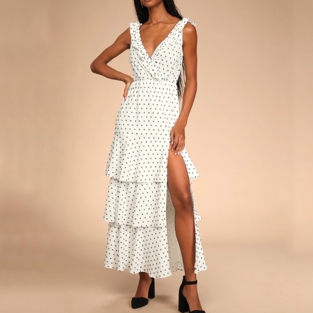 Lulus Truly Classic White Dotted Ruffled Tiered Midi Dress